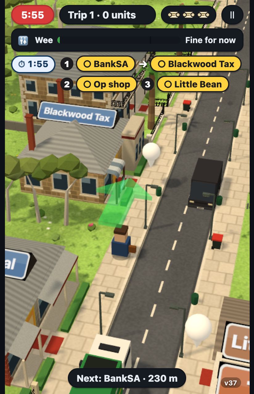 Roundy Blackwood on a phone, the village of Blackwood from above, with the roundabout, the shops and the traffic